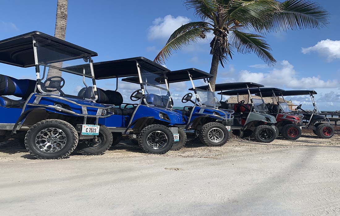 Family in a 6-seater golf cart San Pedro
